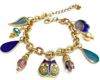 Upcycled Laurel Burch Charm Bracelet GARDEN CAT from Earrings All Vintage  Crystal Charms 7 Inches Long 1 1/4 inch extension