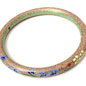 Vintage Cloisonne Enameled Bangle Bracelet Pink and Green With Floral Design Vibrant Colors Gifts for her