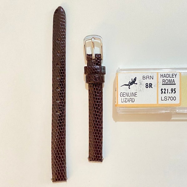Vintage Unused HADLEY ROMA  Lizard Skin Watch Band 8mm  Unstitched NOS New Old Stock Water Resistant Brown Silver  Tone Buckle  gifts LS700
