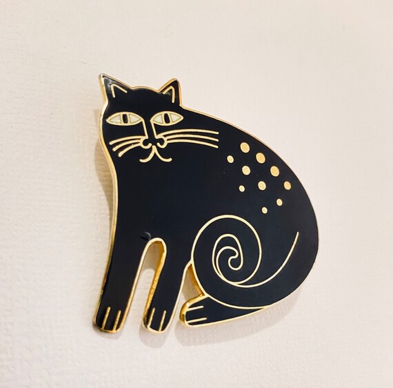Laurel Burch ‘KESHIRE CAT’ Brooch Black Cat Gold … - image 1