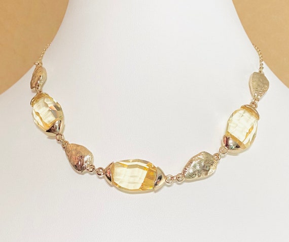 Vintage Yellow Faceted Crystal and Brushed Gold T… - image 1