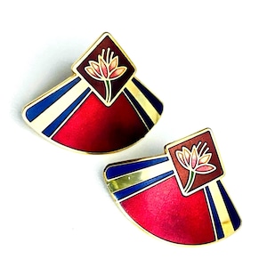 Laurel Burch ‘WATERLILY’ Fan Stud Earrings Gold Tone Retired Vibrant Colors Red and Black Floral  Jewelry Very Good Preloved Earrings