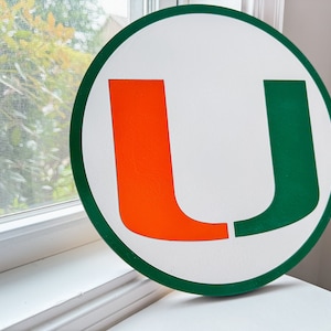 Miami Hurricanes U logo wall art, Natural Wood Grain Wall Hanging Sign, Office Round Miami Hurricanes Logo Wall Art, Miami ManCave Wall Art