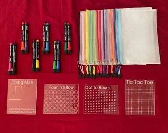 Travel Game Set Incudes 1 Zip pouch, 2 Dry Erase Markers, 4 Acrylic Games Tic Tac Toe,  Four in a Row, Dots To Boxes & Hangman Happy Travels