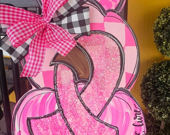 Stacked pink pumpkins breast cancer door hanger