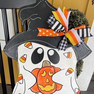 Candycorn ghost with pumpkin Halloween door hanger