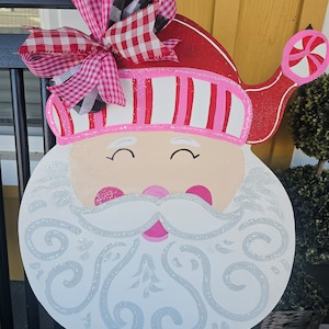Santa red and pink glitter wooden door hanger