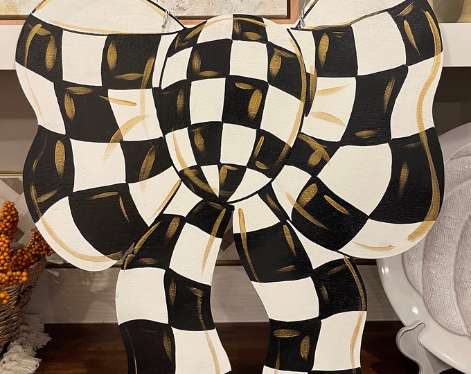 Coquette bow harlequin black white check wooden door hanger