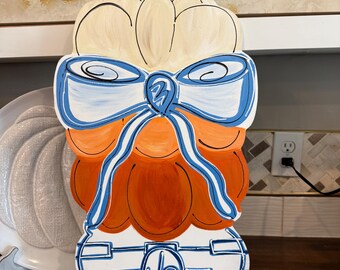 Pumpkin stack blue coquette bow door hanger