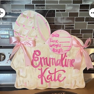 Baby birth announcement wooden carriage door hanger