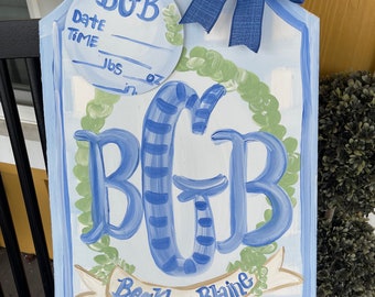 Baby boy or girl  birth announcement room or hospital decor wooden door hanger