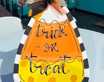 Trick or Treat Candy Corn Sign - Wall or Door Wood Halloween Decoration ...