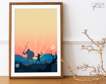 赤い空を背景にしたダビデとゴリアテのウォールアート | 招待状の背景 | デジタルダウンロード