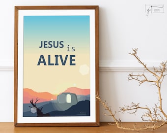 イエスは生きている 復活のアートワーク | 愛、希望、喜びのプリント | 空の墓