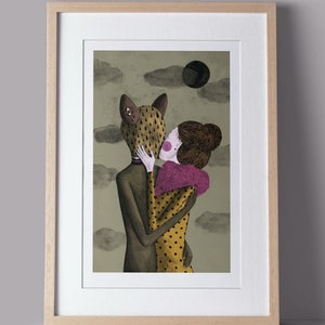 May include: A digital illustration of a couple embracing. The man is wearing a spotted animal mask and the woman is wearing a polka dot dress with a pink fur collar. The background is a muted green with clouds and a dark moon.