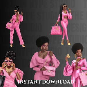 5 stuk bundel mode meisje clipart, Afro-Amerikaanse clipart, zwarte vrouwen clipart, Afro meisjes clipart, Designer tas, Boss babe, roze kleur