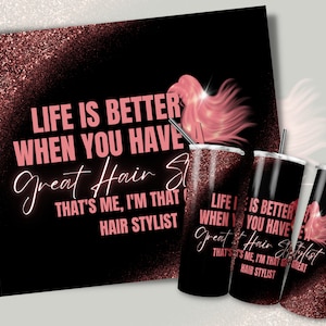 20 oz Skinny Tumbler Hair Stylist PNG Wrap Design| Pink and Black Design Straight Design Hair Stylist Design | Instant Digital Download