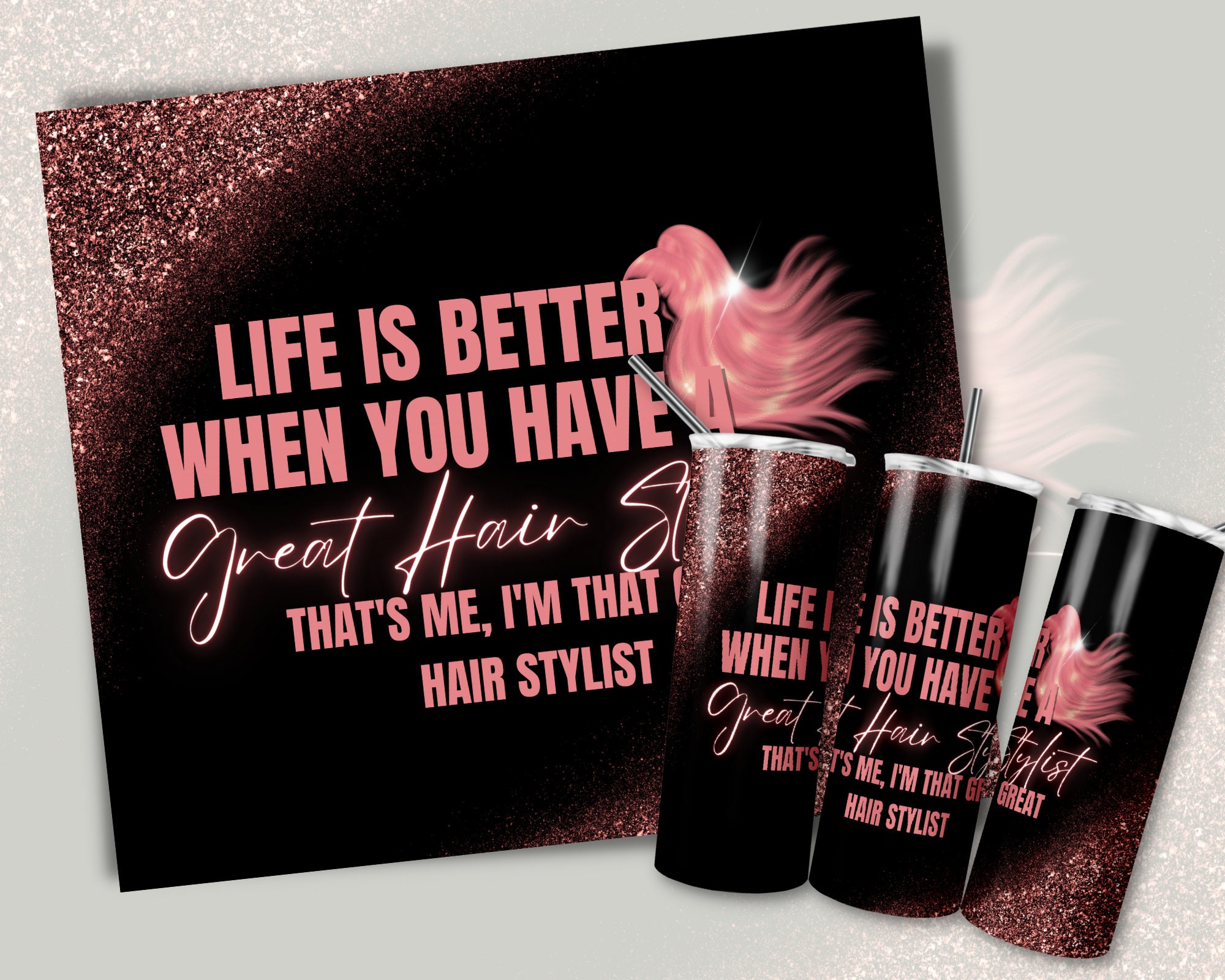 20 oz Skinny Tumbler Hair Stylist PNG Wrap Design| Pink and Black Design Straight Design Hair Stylist Design | Instant Digital Download