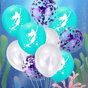 Mermaid Birthday Balloon Bouquet/Purple Confetti, Aqua, white latex balloons/Mermaid Balloons/Mermaid Party Decorations/Girls Birthday Ideas