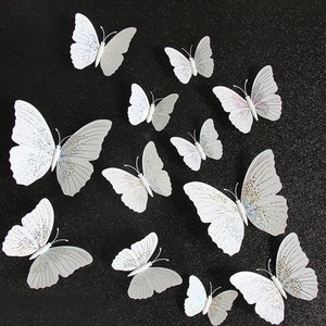 White & Metallic Silver 3D Butterfly Set/Decorative Butterfly Cake Accessories/Butterfly Birthday Party/Butterfly Bedroom Decoration Sticker