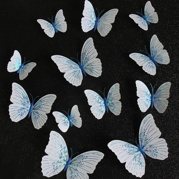 12 pk White & Metallic Blue 3D Butterflies/ Decorative Butterfly Sticker Set/Butterfly Decorations/Sparkly Butterfly Bedroom/Princess Party