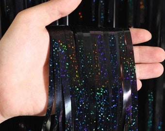 Black Holographic Black Foil Curtain/2 pk Black Decorative Curtain/Halloween Party/Halloween Decorations/21st Birthday/Bachelorette Party