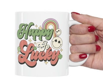 Cute, Retro "Happy Go Lucky" St. Patrick's Day Coffee Cup, Saint Paddy's Day Mug, Irish Coffee Cup for Saint Paddy's Day, Gift for Coworker