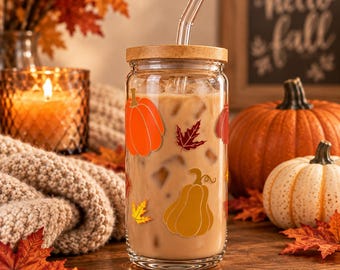 Pumpkin Glass Tumbler, 16 oz Fall Iced Coffee Cup with Bamboo Lid and Straw, Autumn Leaves Glass Cup