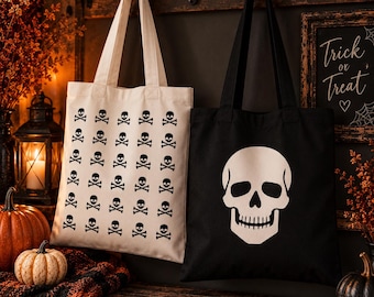 Skull Tote Bag, Gothic Canvas Bag, Black Skull Shoulder Bag, Spooky Goth Tote