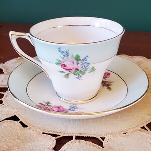 Rosina Bone China Teacup and Saucer, Pattern 5035-A, Aqua with roses