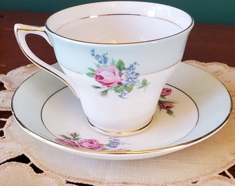 Rosina Bone China Teacup and Saucer, Pattern 5035-A, Aqua with roses