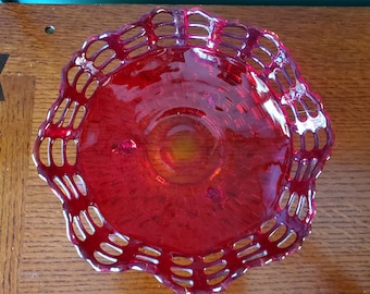 Fenton 1930s ~ Basket weave Bowl ~ Ruby Red Amberina Center ~ Tri-Footed ~ Three Row ~ Open Lace Ruffled Edge ~ #1093