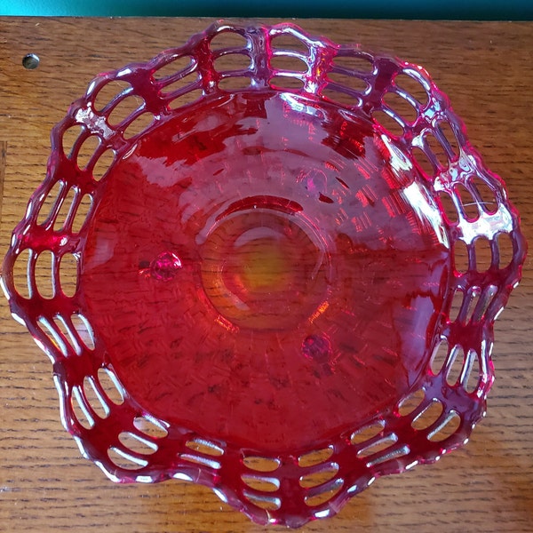 Fenton 1930s ~ Basket weave Bowl ~ Ruby Red Amberina Center ~ Tri-Footed ~ Three Row ~ Open Lace Ruffled Edge ~ #1093