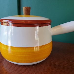 Vintage retro Yellow/brown striped enamel saucepan or fondue pot
