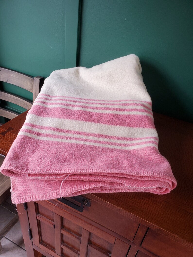 Eatonia Vintage Wool Blanket Ivory With Light Pink Stripe Etsy