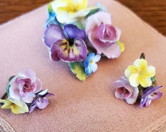 Artone vintage Floral Brooch and matching screw back earrings, bone china Made in England