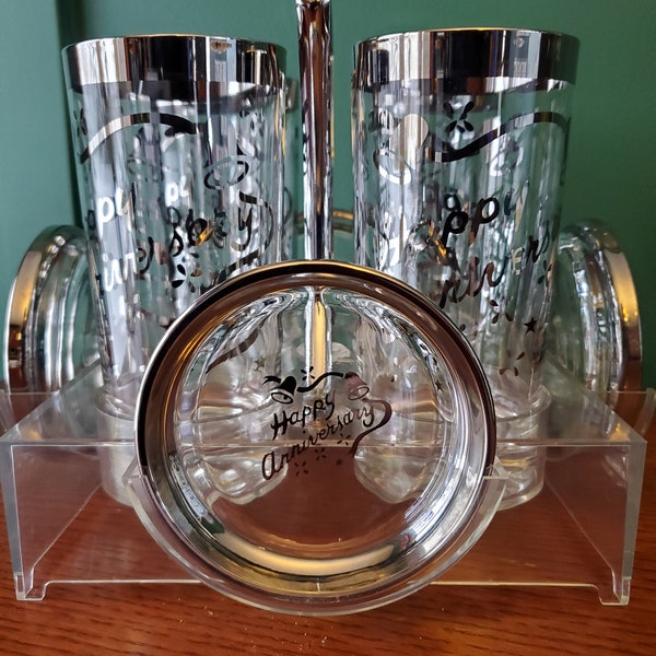 Beautiful set of Vintage Anniversary gift Drinking glass set with Coasters and Caddy I Barware for Four I