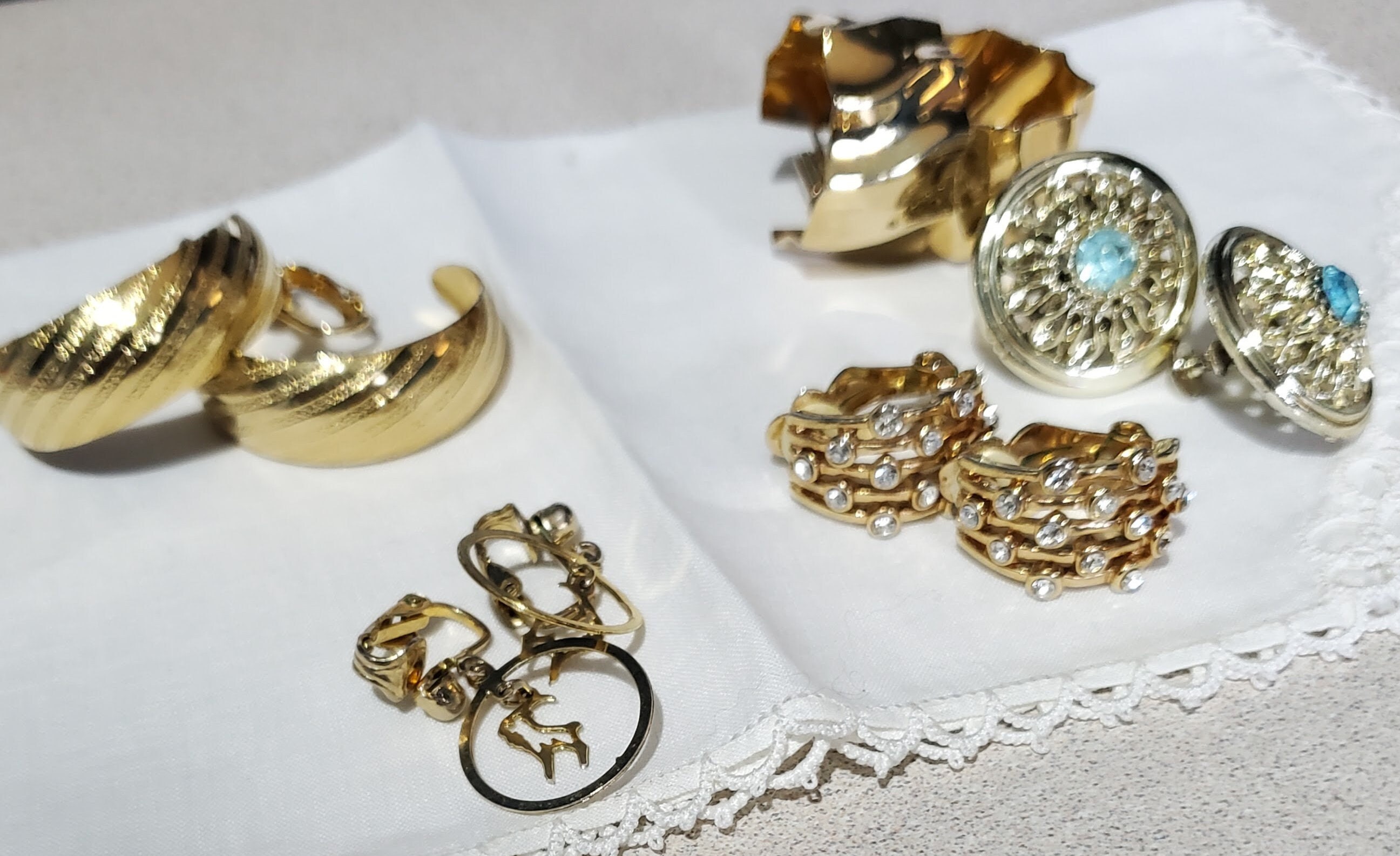 Boucles D'oreilles Clips Années 1980 - Doré, Pierre Orange, 5,5 Cm - Occasion Vintage