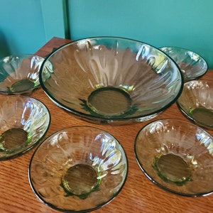 Glass serving bowl and 6 salad or dessert bowls - Mid Century Green Glass