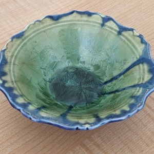 Edgecomb Pottery Green with Blue Drip Glaze Stoneware Bowl, Unique Crystalline Pattern Decorative Bowl