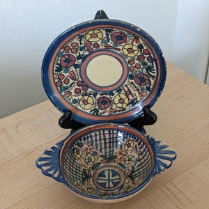 Vintage Hand Painted Bowl and Plate Set: Colorful Geometric Pattern
