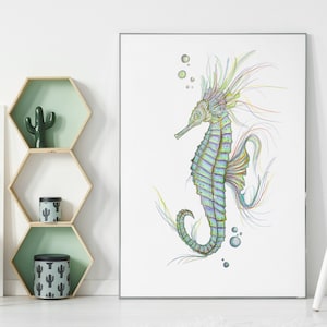 Printable Seahorse Art, Thematic Children&#39;s Decor, Sea Drawing, Nursery and Kids&#39; Room Wall Art, Seahorse