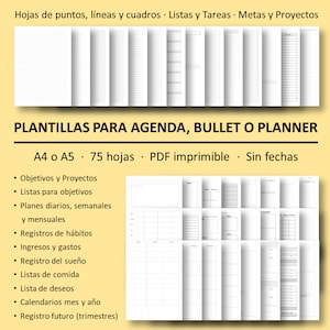 Puede incluir: Un conjunto de 75 páginas de planificador imprimibles en tamaño A4 o A5. Las páginas están diseñadas para bullet journal, agendas y planificadores. Las páginas incluyen varios diseños, como páginas con puntos, líneas y cuadrícula. Las páginas están diseñadas para usar con una variedad de métodos de planificación y son perfectas para organizar tu vida.