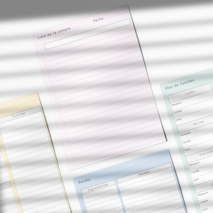 May include: A printable planner with sections for a grocery list, meal planning, and recipe ideas. The planner is designed with pastel colors and includes sections for each day of the week.