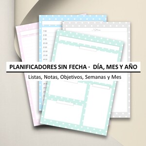 Op de afbeelding: Vier printbare plannerpagina's met een stippenpatroon in roze, lichtblauw en grijs. De pagina's zijn ontworpen voor dagelijkse, wekelijkse en maandelijkse planning. De tekst op de pagina's luidt "PLANIFICADORES SIN FECHA - DÍA, MES Y AÑO" en "Listas, Notas, Objetivos, Semanas y Mes".