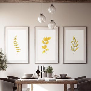 3 feuilles d’aquarelle jaune imprimables. Illustration botanique pour la décoration de la maison. Fichier numérique téléchargeable pour impression