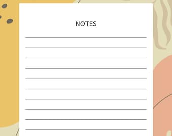 May include: A white lined notepad with the word "NOTES" at the top. The notepad is surrounded by abstract shapes in yellow, orange, and brown with a green leaf design in the bottom right corner.