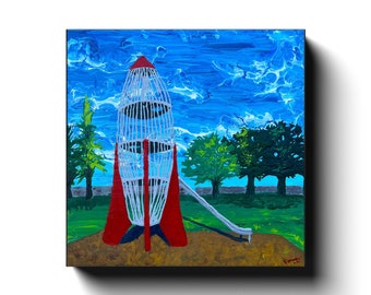 The Rocket Ship Print on Canvas, Todd Grove Park, Original Painting, Original Art, By Tim S Poma