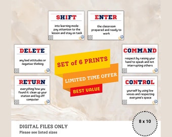 Juego de 6 carteles para el aula, decoración del aula, DESCARGA INSTANTÁNEA, decoración de la clase de informática, imprimibles para profesores, reglas del aula, arte patriótico