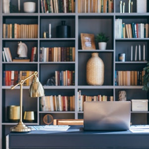 Bookcase Zoom Background, Bookcase Backdrop, Blur Office Background, Bookshelf Home Office, Bookshelf Office, Zoom Simple Desk Realistic